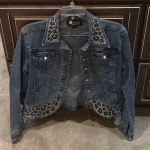 Stunning jean jacket with crystal buttons and black/silver trim.